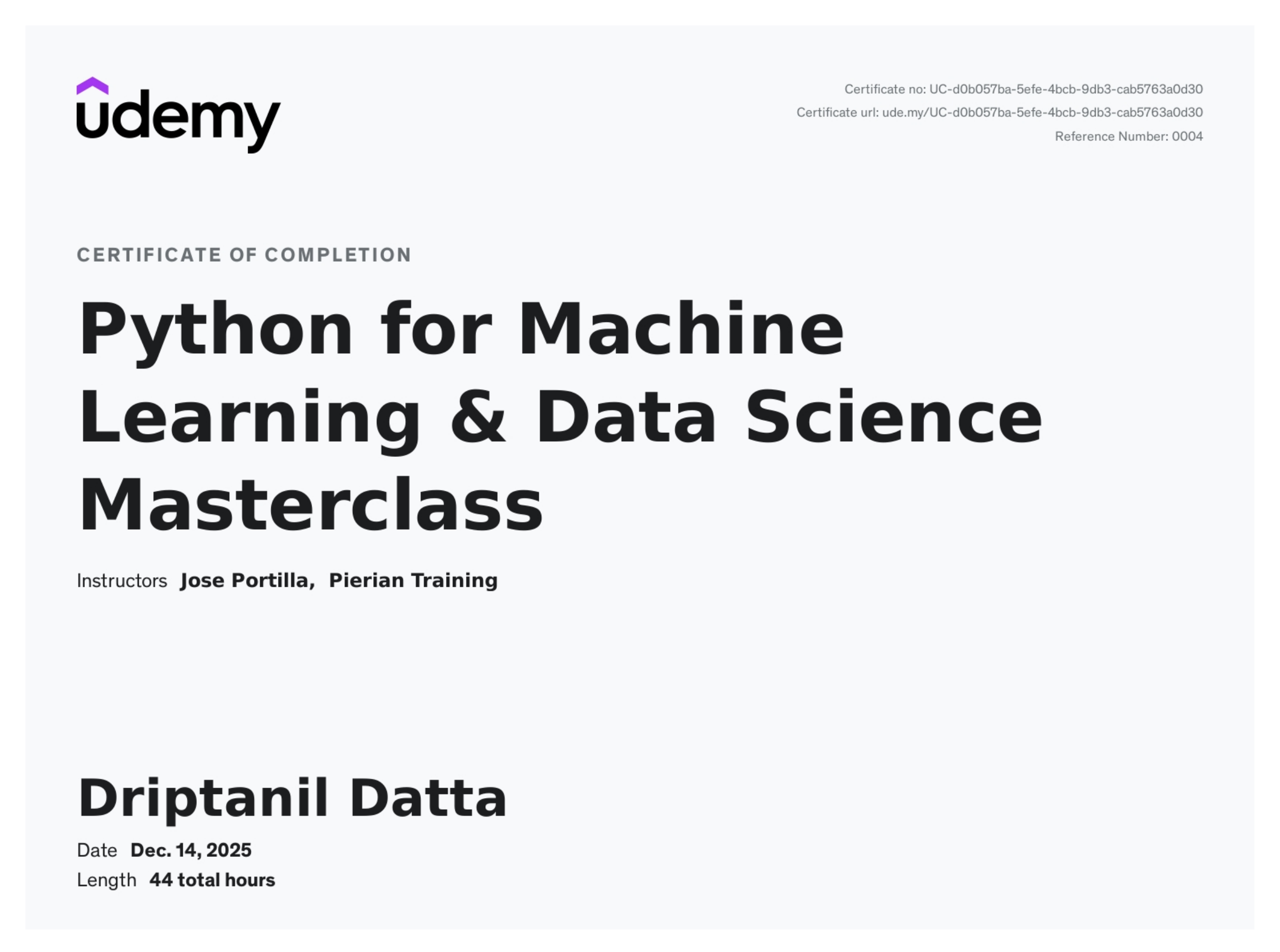 Python for Machine Learning & Data Science — certificate of completion