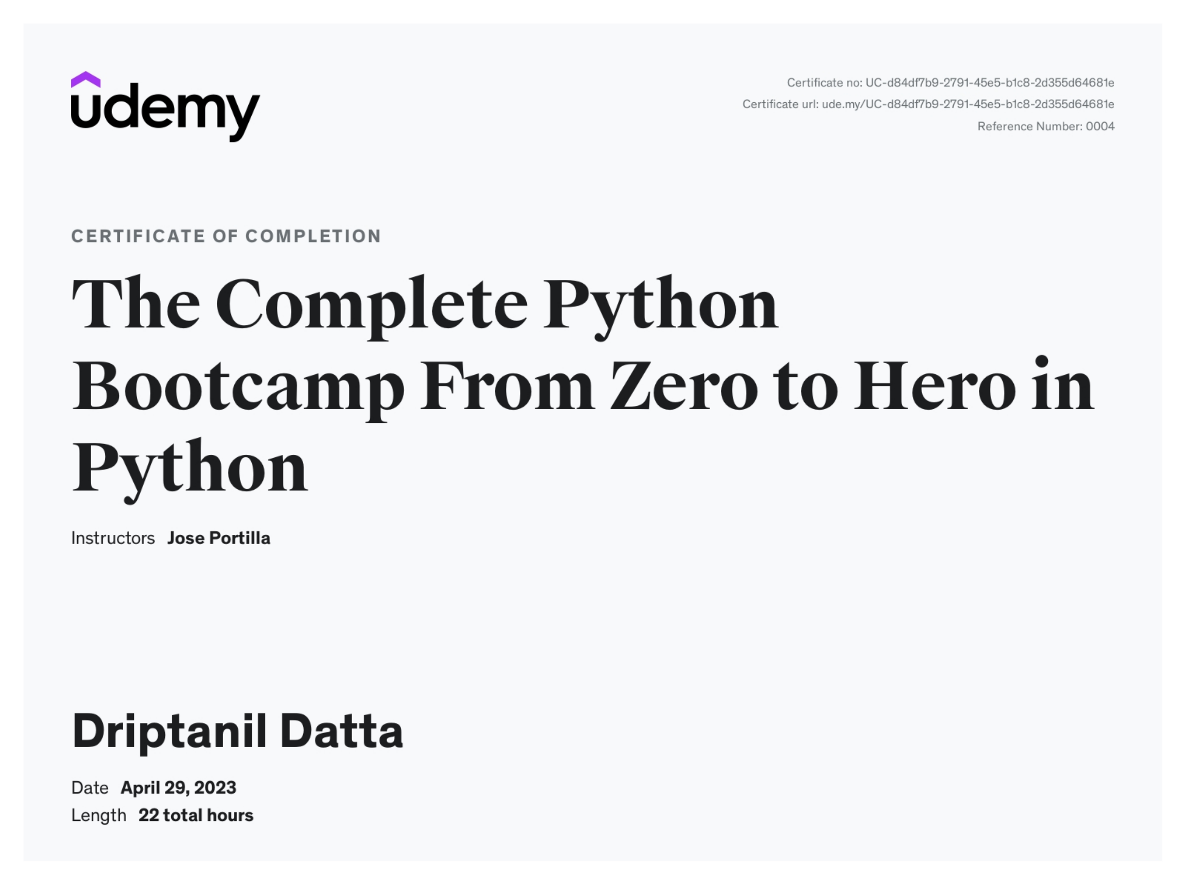 The Complete Python Bootcamp: From Zero to Hero in Python — certificate of completion